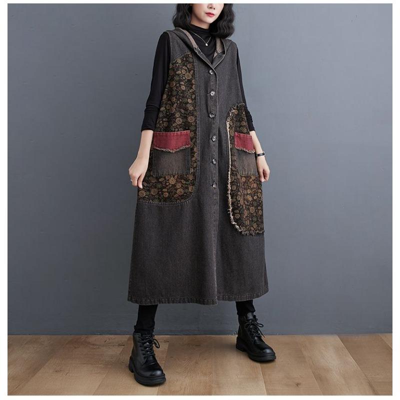 Hooded Long Denim Vest Coat Women's Slim Denim Jacket Retro Style Loose Casual Large Patchwork Pocket Design New Fashion Autumn