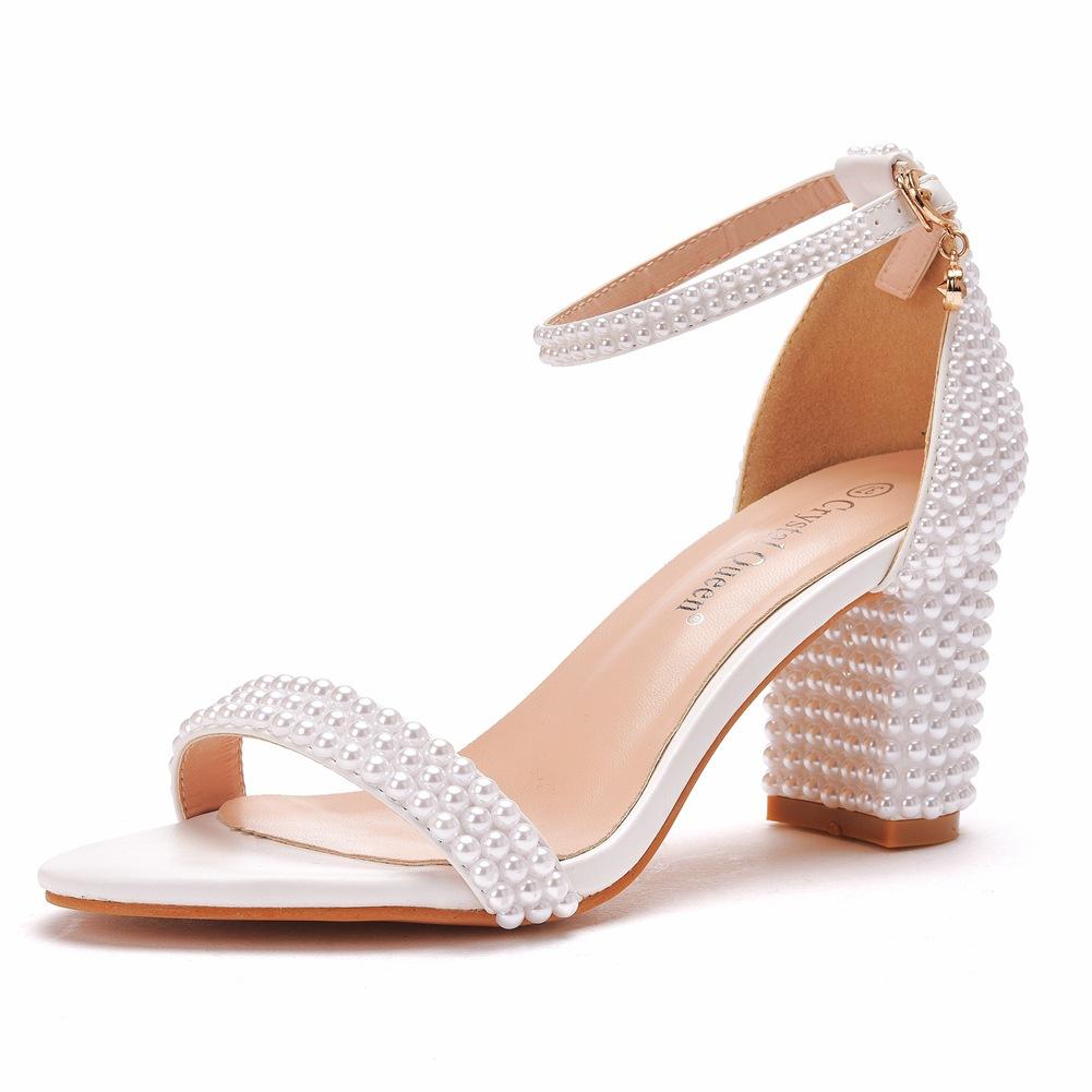 7cm Thick Heel Shallow Mouth One-strip Sandals Round Toe Square Root Thick Heel Sandals White Pearl Sandals Bridal Wedding Shoes