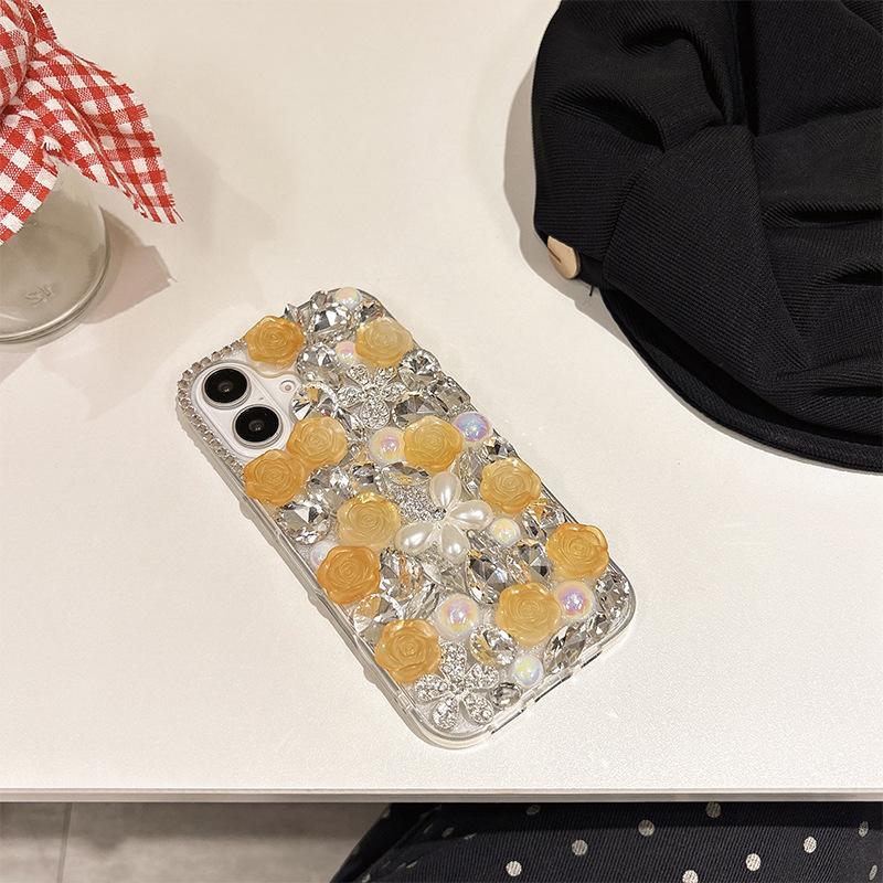 For IPhone17promax Rhinestone Phone Case for Apple 15 Pearl Flower Luxury 14 Rose Flower 13 Hard Case