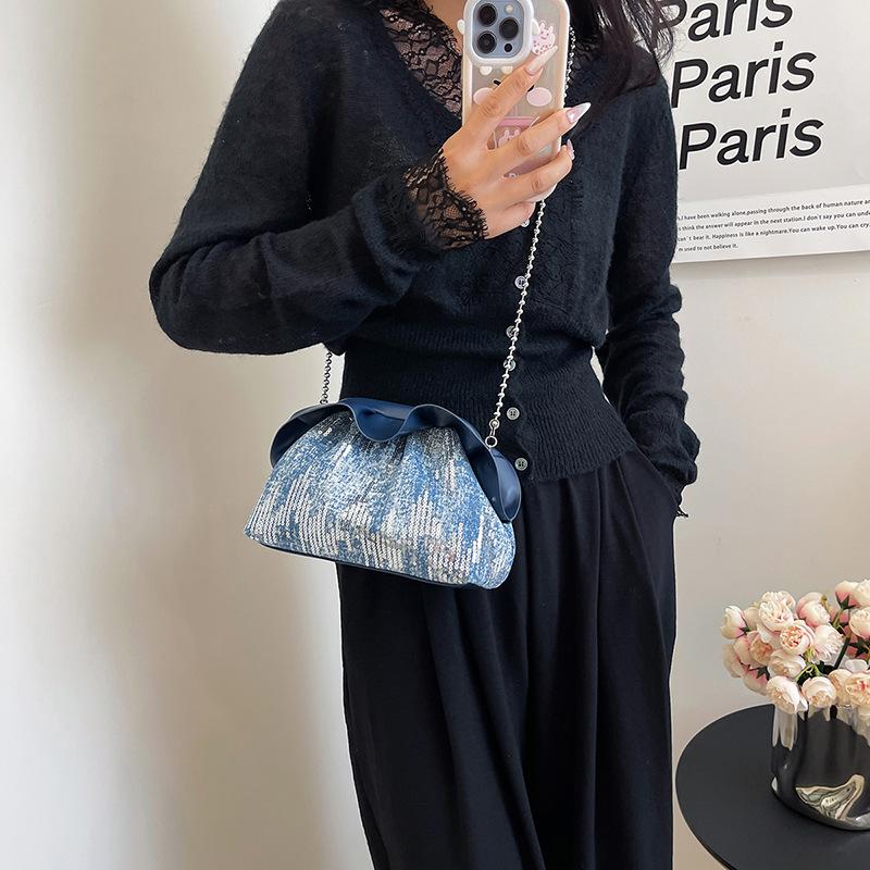 Folded cloud bag women's 2025 autumn new denim sequined clip bag premium chain shoulder messenger bag
