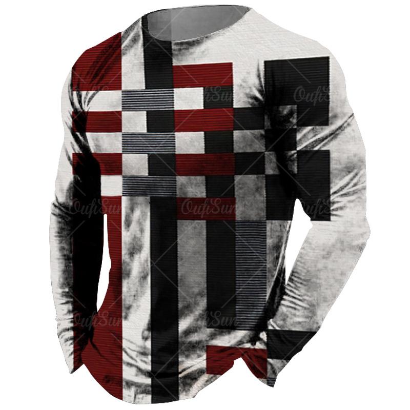 Винтажная мужская футболка с длинным рукавом, топы с клетчатым принтом, осенняя толстовка большого размера, мужская повседневная уличная одежда с круглым вырезом, мужская одежда