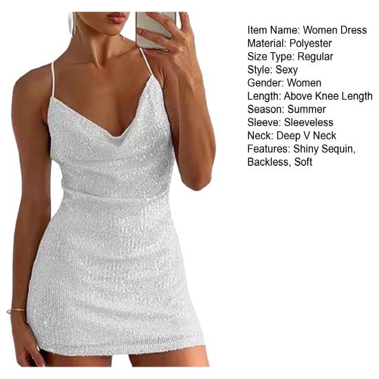 Женское платье с v-образным вырезом на тонких бретельках, блестящие блестки, открытая спина, мягкое облегающее платье без рукавов длиной выше колена, вечерние клубное мини-платье