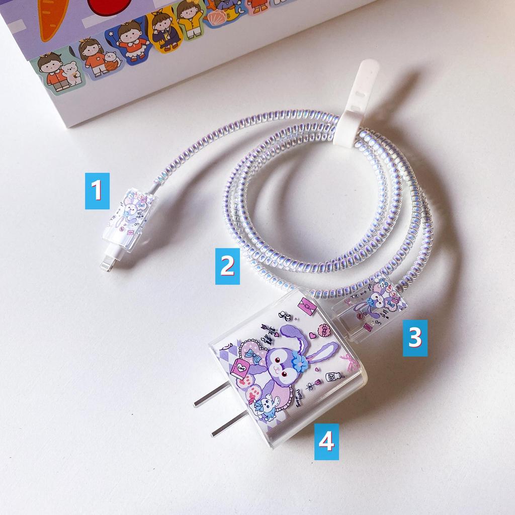 Комплект защиты кабеля данных Apple: Зарядная головка 20 Вт, прозрачный мультяшный дизайн, набор из 4 предметов