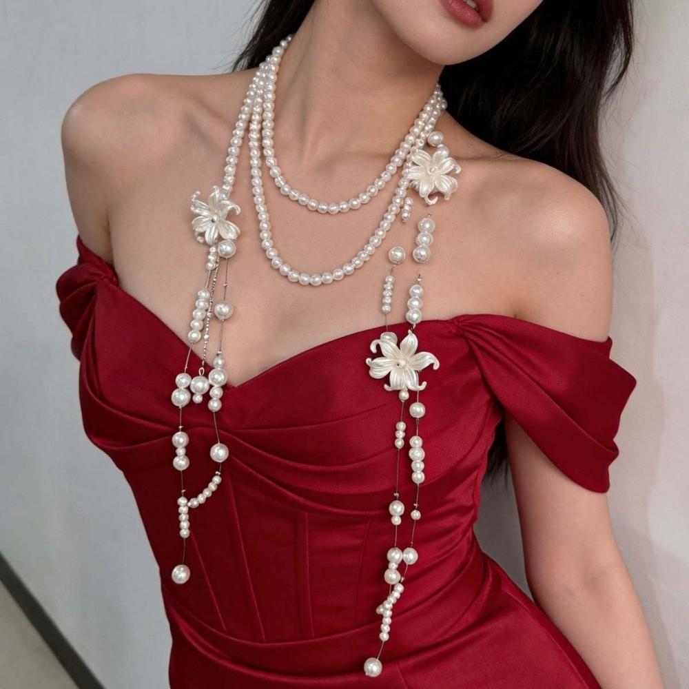 Multi Layer Lilium Flower Pearl Necklace Balletcore Style Matte White Multilayer Choker Chain Aesthetic Design Faux Pearl