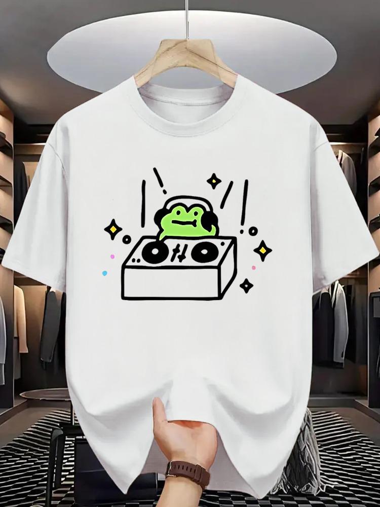 Unisex O Neck Tee Dj Frog Turntable Cartoon Print Cotton Short Sleeve Loose Summer Street Breathable Daily Casual Basic Wear Top