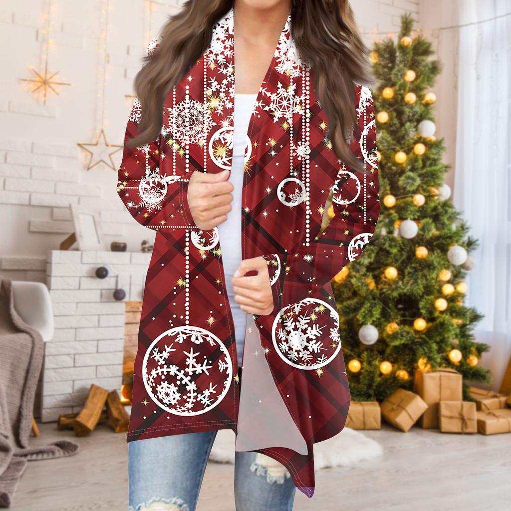 Women's Fashion Casual Christmas Print Medium Length Cardigan Jacket Coat