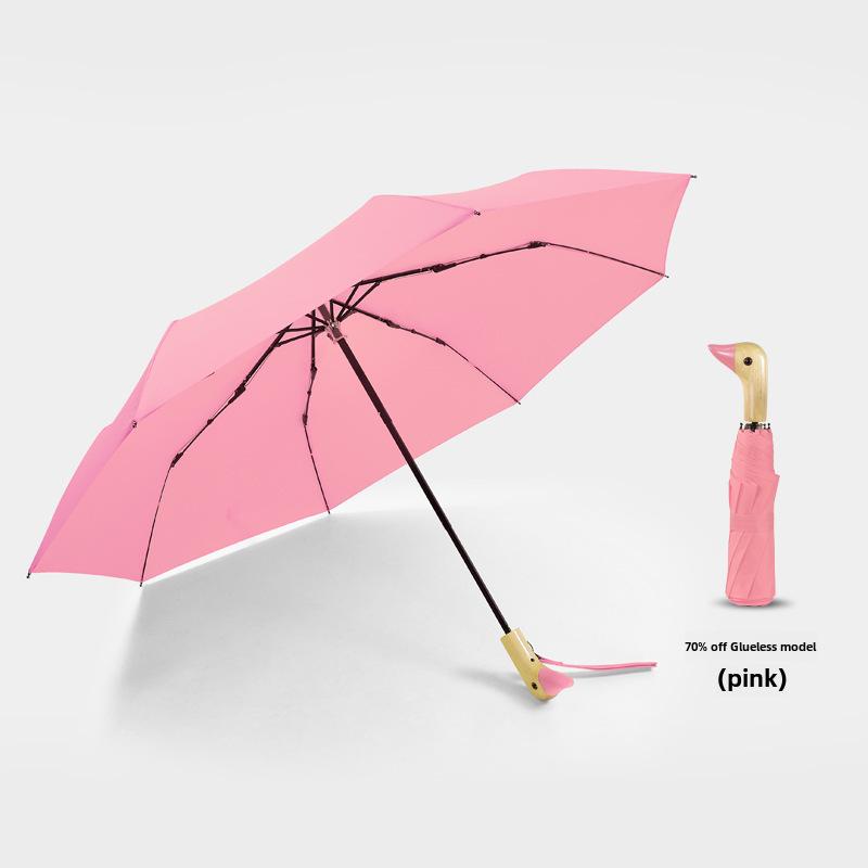 Зонт «Утиная голова» с тремя сгибами: Креативная деревянная ручка, двойное назначение: для солнца и дождя, милый дизайн в виде черной утки для женщин