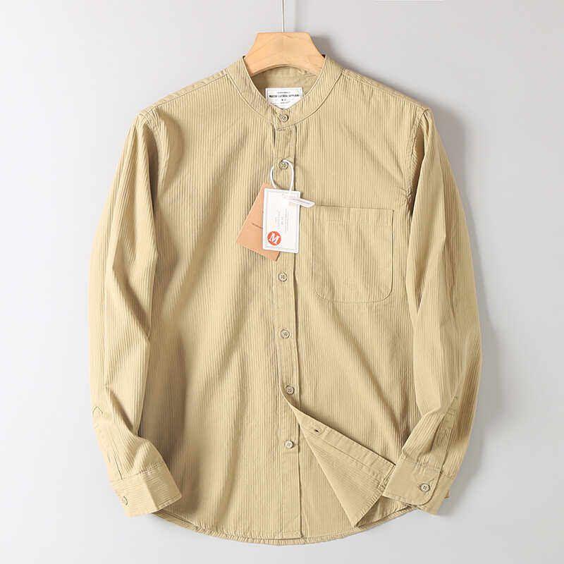 Men's Autumn Versatile Loose Casual Long-Sleeve Shirt with Dark Striped Collar, Made from Washed Cotton, from Foreign Trade Surplus Stock