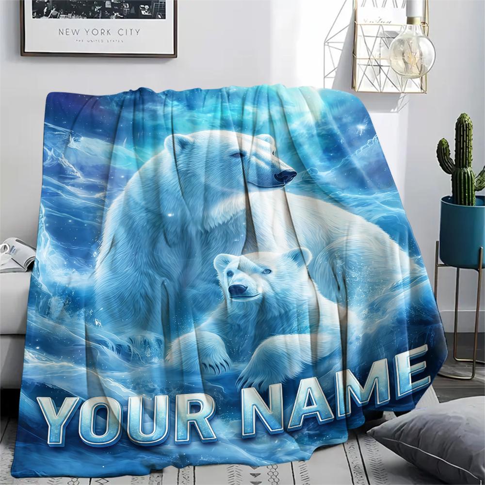 1PC Custom Name Polar Bears Winter Patterned Flannel Blanket Suitable For All Seasons for Home Decor Warmth and Comfort Gifts Holiday Present_lx