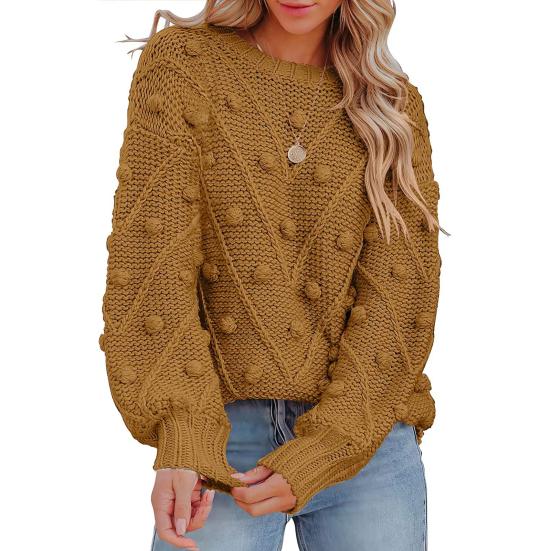 Women Sweater Tops Round Neck Long Sleeve Jacquard Decor Knitted Tops Solid Color Loose Fit Jumper