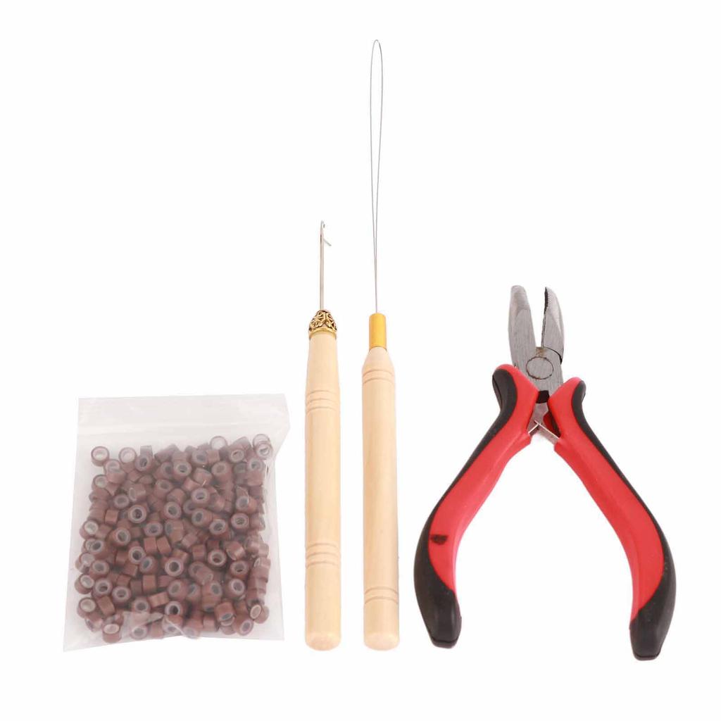 4pcs Hair Wig Plier Curved Tip Wooden Hook Needle Silicone Rings Hair Extension Tools Brown