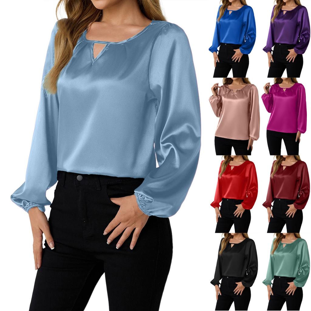 Women's Long Sleeve Shirt Loose Satin Top Embossed Lace R-neck Silk Lined Top
