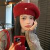 Autumn and winter new hat women's solid color versatile knitted wool hat winter windproof warm metal standard beret