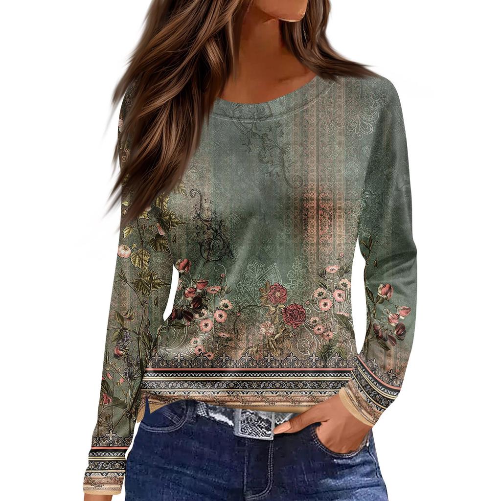 Women's Fashion Casual Slit Hem Round Neck Long Sleeve Loose  Printed T-Shirt Ladies Top