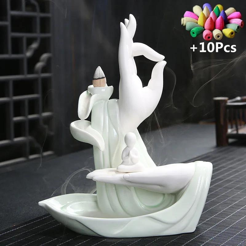 Gift 10Cones Ceramic Incense Censer Buddha Hand Backflow Incense Burner Lotus Incense Stick Holder