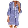 Women Three-quarter Sleeve Boho Floral Printed Dress Tassel V-neck  Dress