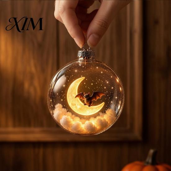 Halloween Hanging Ornaments Ball Ornament, Clear Sphere Decoration with Black Cat Bat Crescent Moon Skeleton, Festive Bauble for Home Party Tree Decor