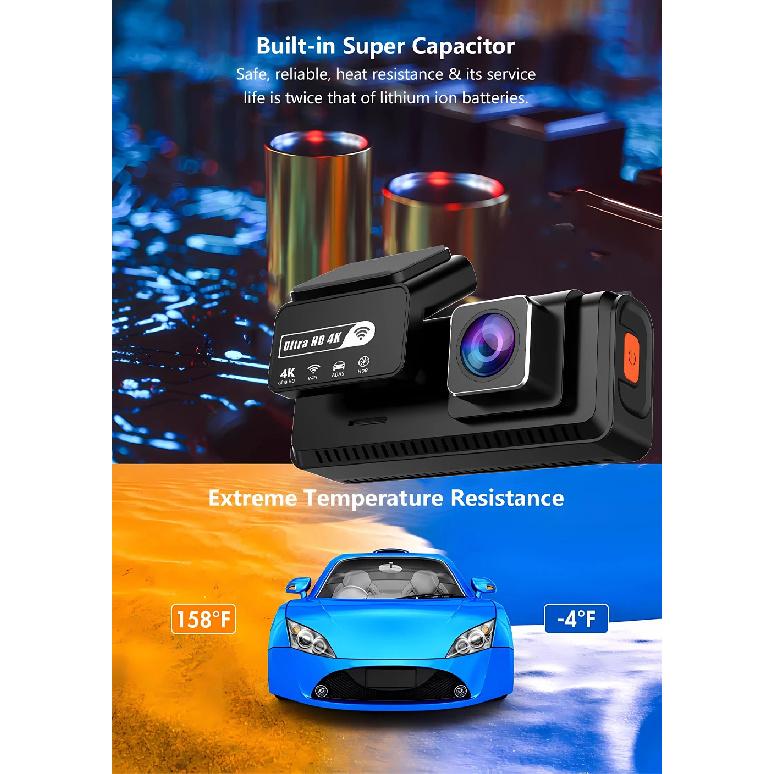 4K+2.5K Dash Cam Dual Lens 2160*3840P Recording Car Camera Built-In WiFi GPS DVR Dashcam Night Vision Video Recorder 24H Parking