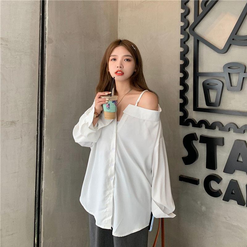 Women Blouses Casual Korean Style Off Shoulder Long Sleeve Shirts White Black Oversized Youth Fashion Streetwear Chic