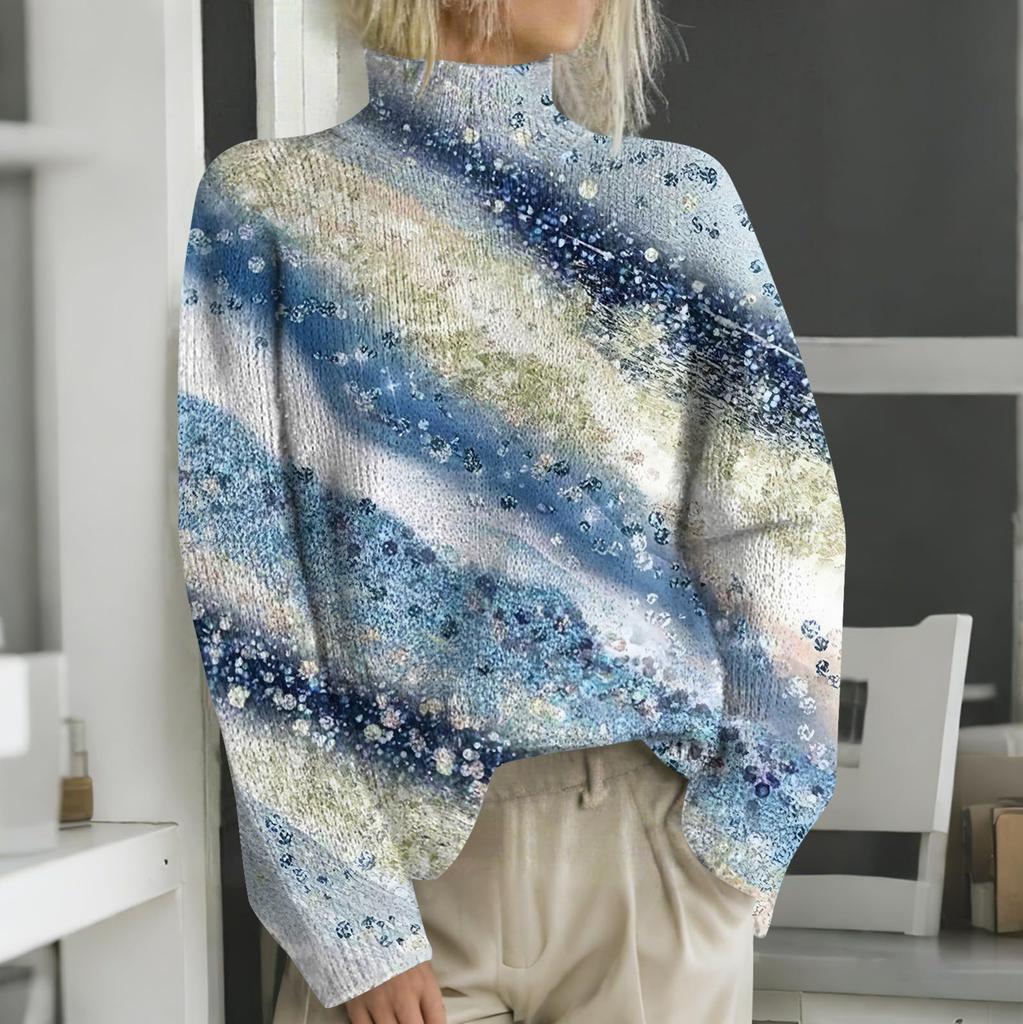 Женская мода повседневная с длинным рукавом и принтом, с высоким воротом, шерстяной трикотаж