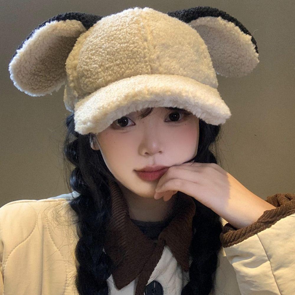 Уличная бейсболка с кроличьими ушками, регулируемая, зимняя, с козырьком, модная бейсболка из овечьей шерсти, для девочек