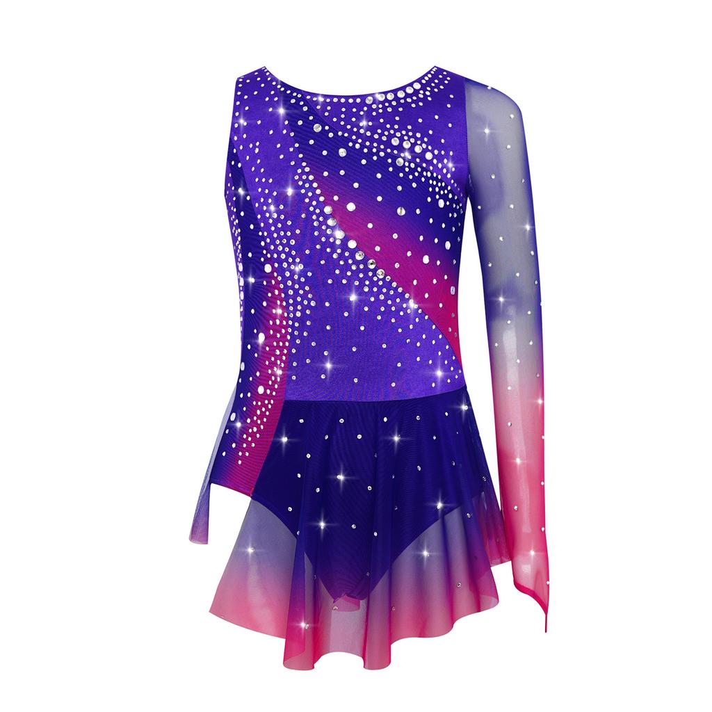 Girls Lyrical Dance Dress Round Neck Asymmetrical Split Shiny Rhinestones Contrast Color Figure Skating Gymnastics Gown