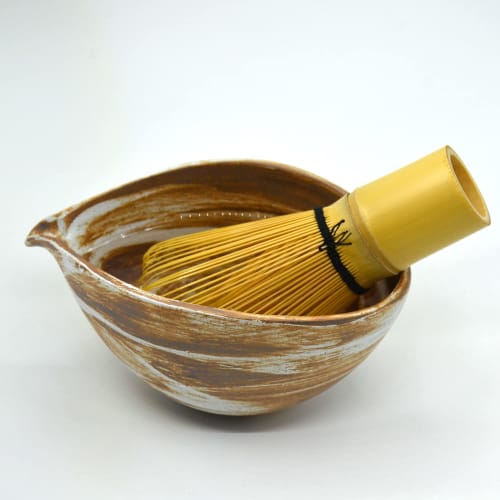 Katakuchi Bowl Medium Bizen Style Matcha Bowl Palm Color/White 180ml Matcha Bowl with Handheld Heater (1 Piece) (B)