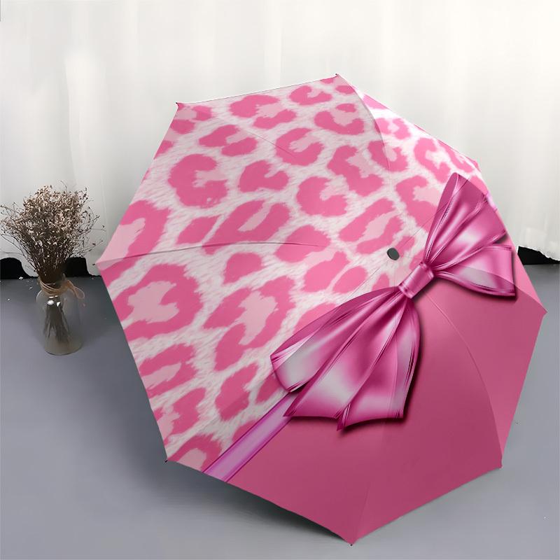 1pc Pink Leopard Print Bow Umbrella with Plastic Handle,Compact & Stylish,Cartoon Pattern,Outdoor UmbrellaPT334