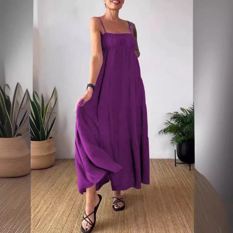 Весна-лето, однотонное повседневное платье с плиссировкой и подтяжками на груди для женщин