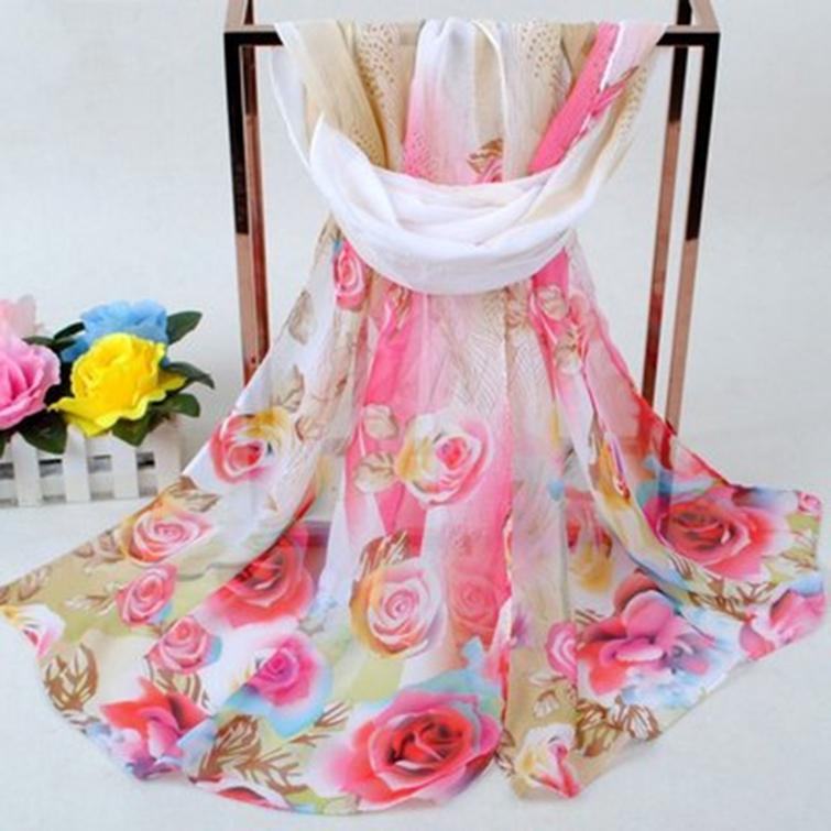Women's Fashion Autumn Spring Small Scarf Peacock Feather Rose Pattern Chiffon Female Long Scarf