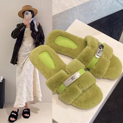 Мода осень-зима 2025, простые шлепанцы с пряжкой, пушистые тапочки интернет-знаменитости, женская повседневная обувь на толстой подошве, хлопковые туфли на перемычке