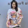 2025 Casual Cartoon Tiger Printed T Shirts for Women Summer Clothes Loose Hot Diamonds Beading Short Sleeve Tops Tee Female