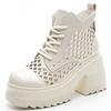 Sandal Boots for Women with Thick Heels and Thick Soles 10cm Increased Genuine Leather Short Boots Hollow Casual Boots Lace Up