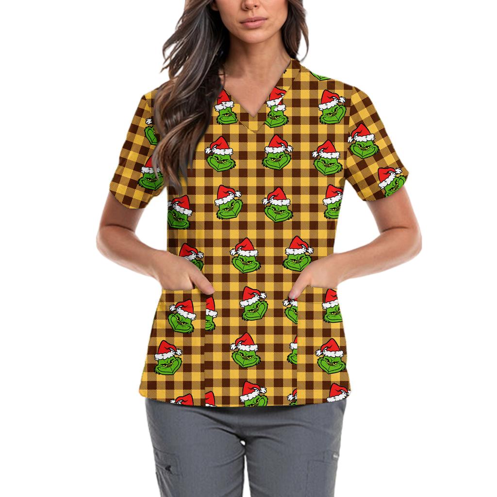 Женская милая блузка с принтом бантиков, рабочая одежда, V-образный вырез, двойной слой, карманы, базовая, с коротким рукавом, пуловер