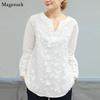 Женская рубашка с кружевной вышивкой и цветами, винтажные свободные женские блузки с длинными рукавами, женские топы, элегантные рубашки с v-образным вырезом Faahion 20450