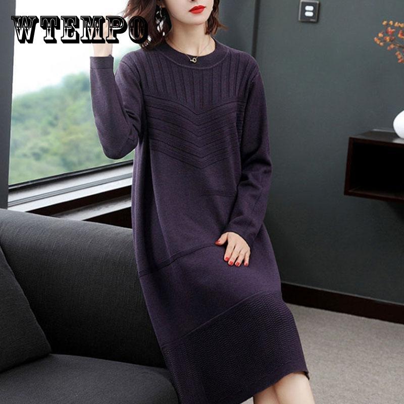 Large Size Knitted Dress In The Long Section Was Thin Temperament Base Dress Pure Color Simple Middle-aged Women Sweater Dress