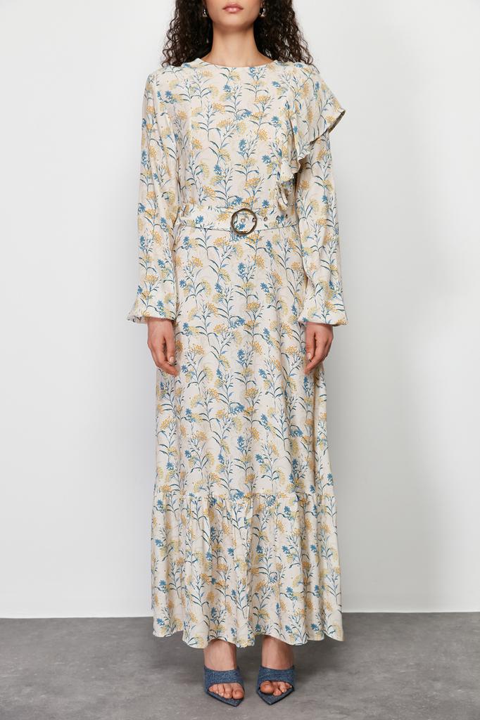 Women's Hijab Dress New Season Fashion Stone Floral Lined Ruffle Detailed Belted Woven Dress