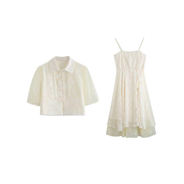 New Chinese Style Frog Button Retro Sweet Cardigan Camisole Dress Set - Plus Size Summer Elegant Dress