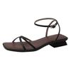 2024 Summer Open-toed Fresh Flat Sandals Women's Low Square Root Full Leather Soft Surface One-Word Buckle Roman Sandals