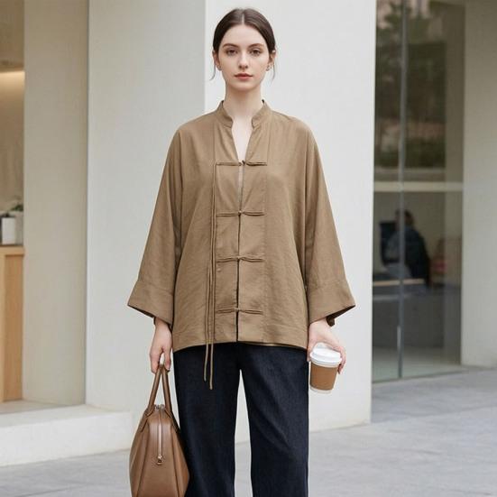 Handmade Button Shirt Women Stand Collar Shirt, Chinese Frog Blouse for Early Summer Casual Outfit Fall, Loose Solid Color Long Sleeve Top Spring Wear