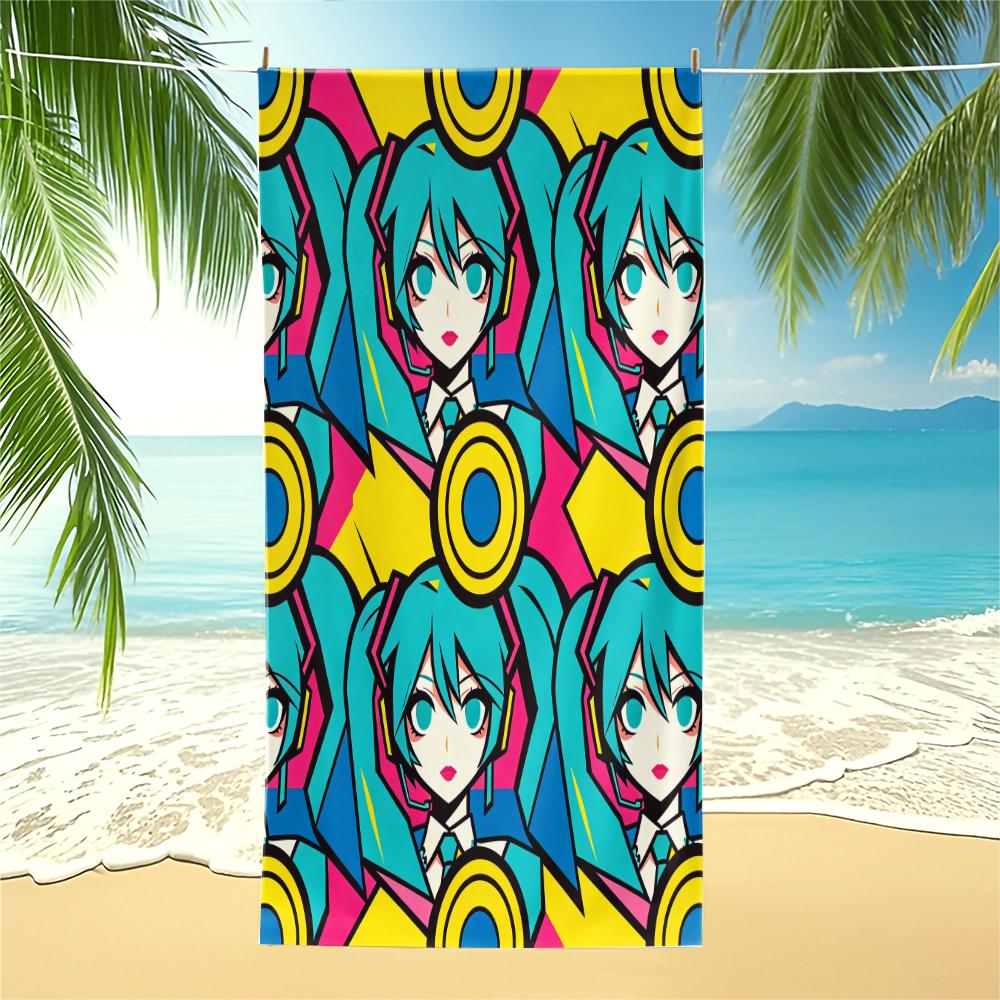 Cute Chibi Hatsune Miku Beach Towel HD Print Pool Towel Camping Bath Towel Blanket Lightweight Absorbent for Teens Beach Pool