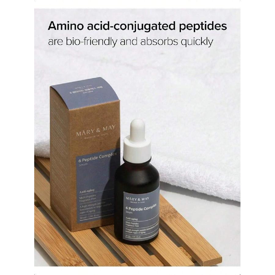 Mary&May Сыворотка с 6 пептидным комплексом 30 мл - Улучшение морщин с укрепляющим и лифтинг-эффектом - Корейский уход за кожей - Без отдушек