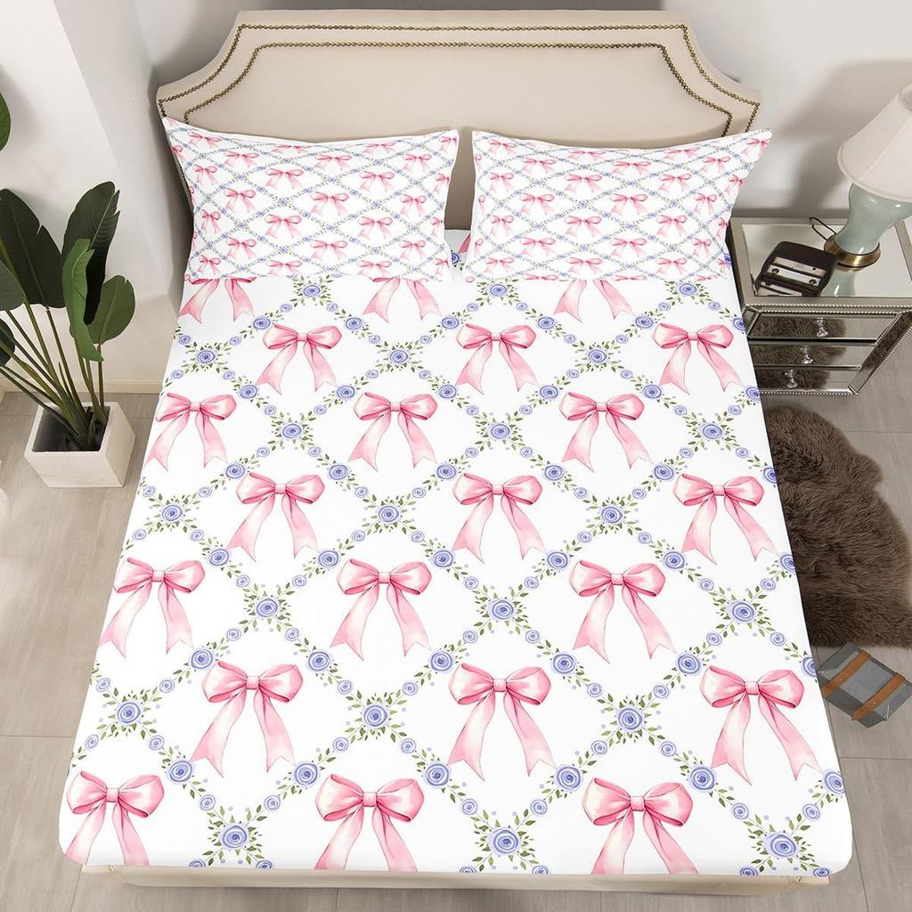 Simple Bow Pattern Mattress Three-Piece Digital Printing Mattress Bedding Set Adult Children