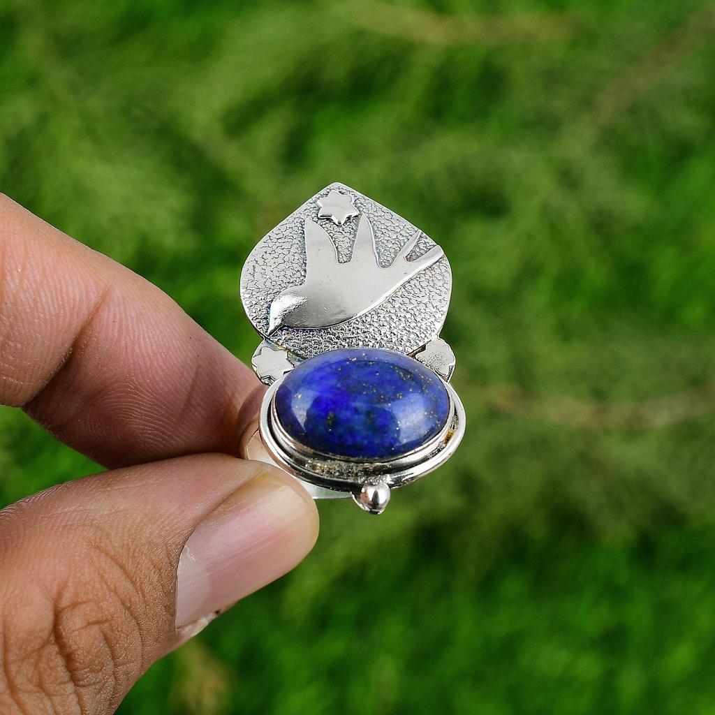 Natural Lapis Lazuli Gemstone Promise Adjustable Ring 925 Silver For Women