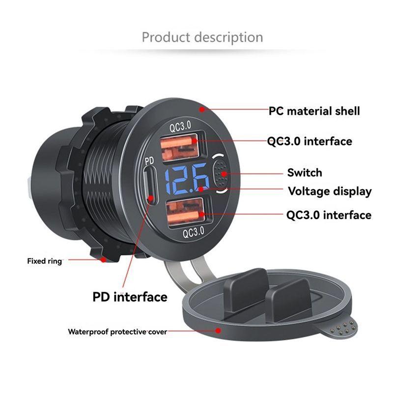 Durable-USB Outlet For Car With Voltmeter Touch Switch Dual QC3.0& PD 3 Ports USB C Socket For Car Boat Marine Truck RV