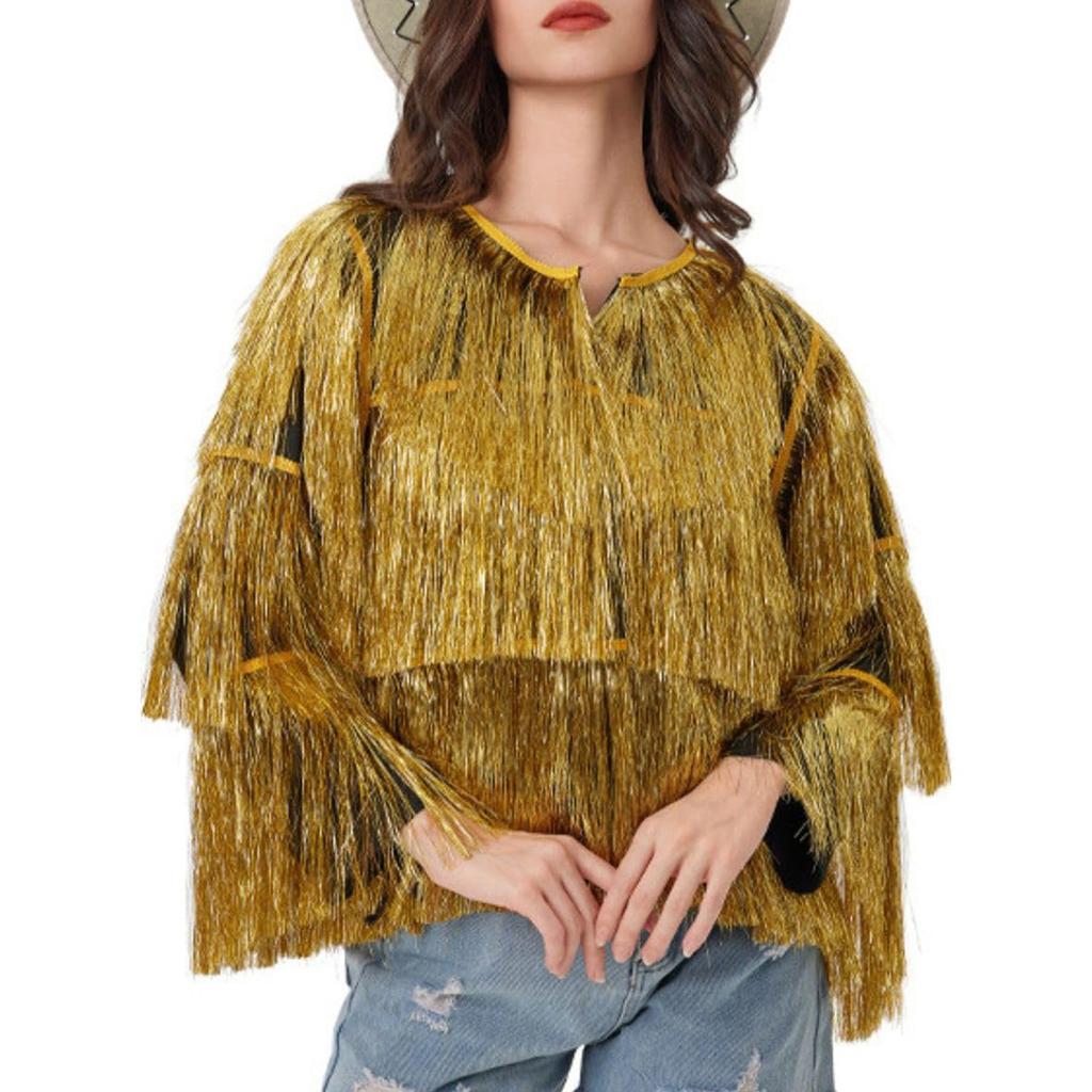 Women's Sequin Fringe Jackets Sparkly Tassel Hem Long Sleeve Open Front Jacket Outerwear