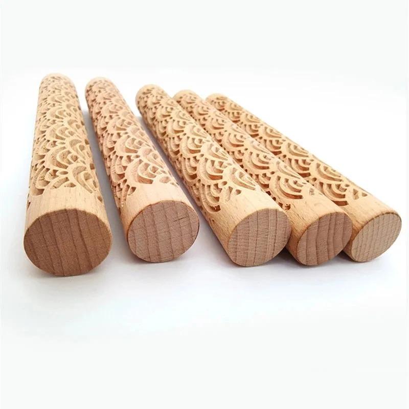 1pc Wooden Texture Rolling Pin Ceramic Pottery Art Embossed Rod Flower Pattern Mud Roll Roll Reliefs DIY Clay Craft Tool