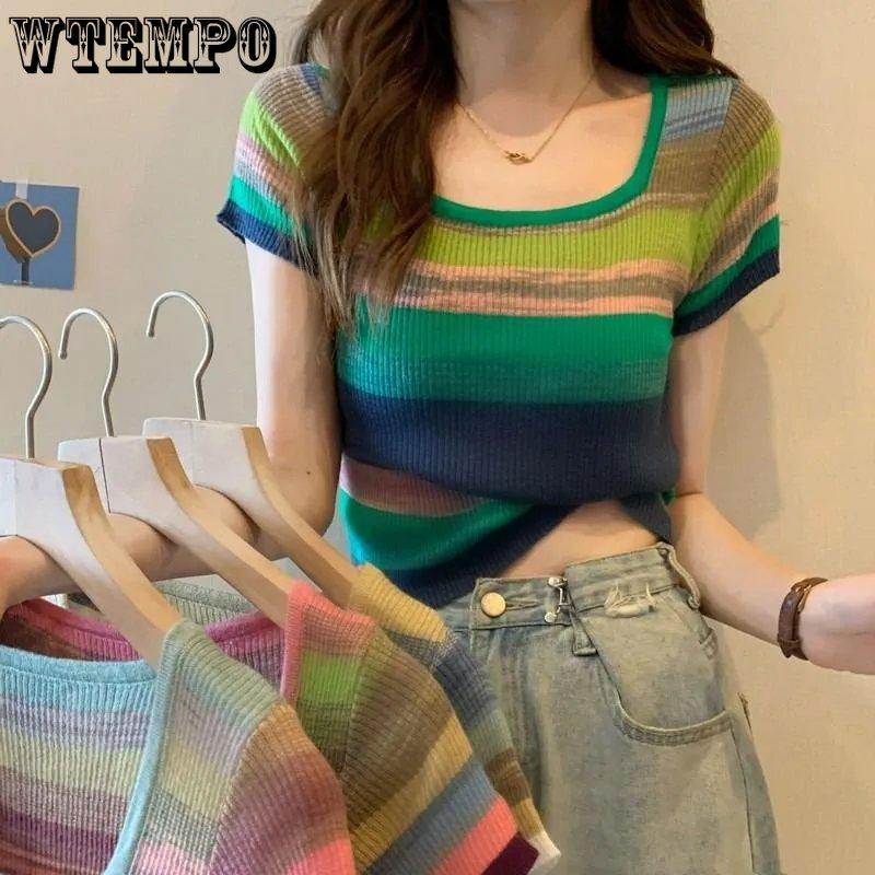 WTEMPO Y2K Knitted Tops Women Rainbow Stripes Tunic Tees Shirts Female Korean Summer Loose Casual T-Shirts