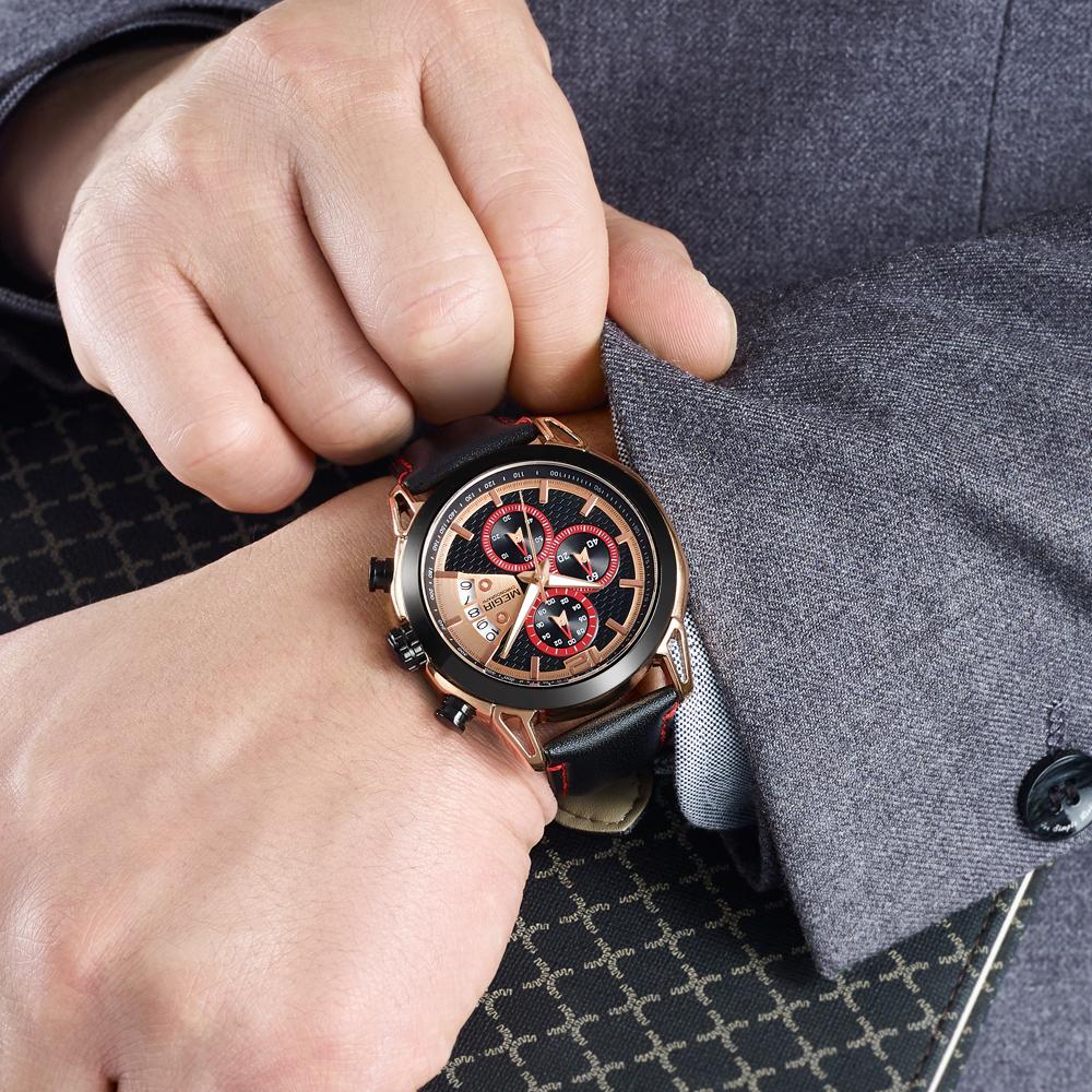 Креативные мужские часы-хронограф MEGIR Relogio Masculino, модные кожаные кварцевые наручные часы, мужские армейские военные часы