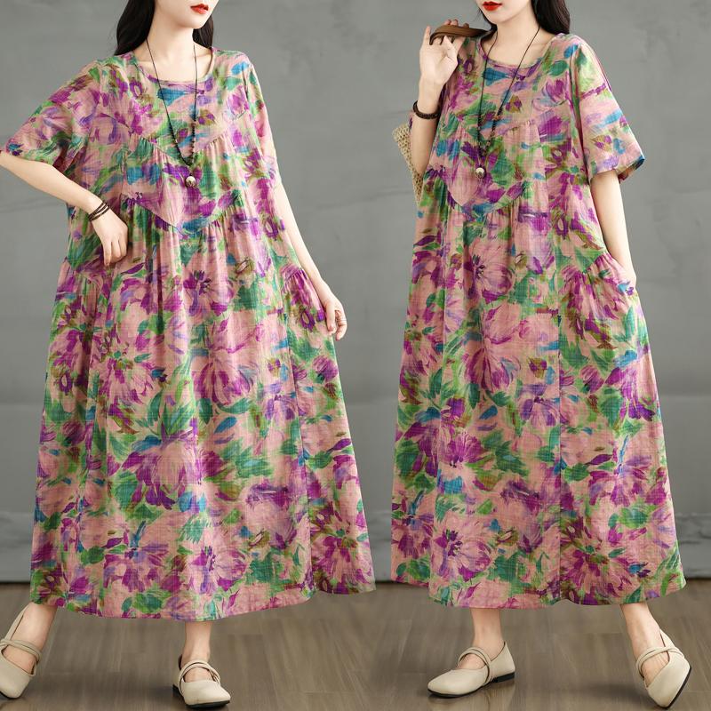 DIMANAF 2025 Женское Новое Летнее Платье Свободное Винтажный Принт Цветочный Базовое Повседневное Длинное Платье Большого Размера Плюс Сайз
